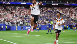 HOUSTON, TEXAS - JUNE 14: Felix Nmecha #23 of Germany celebrates scoring his team's first goal during the FIFA World Cup 2026 Group E match between Germany and Curacao at Houston Stadium on June 14, 2026 in Houston, Texas. Lars Baron/Getty Images/AFP (Photo by Lars Baron/GETTY IMAGES NORTH AMERICA/Getty Images via AFP)