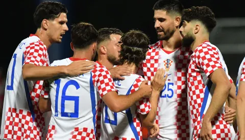 07.06.2026., stadion NK Varteks, Varazdin - Prijateljska utakmica uoci FIFA Svjetskog prvenstva, Hrvatska - Slovenija. Nogometasi Hrvatske slave pogodak Luke Modrica za vodstvo 1:0. Photo: Vjeran Zganec Rogulja/PIXSELL