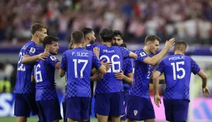 Dallas, 17.06.2026 - Utakmica 1. kola L skupine Svjetskoga nogometnoga prvenstva Engleska - Hrvatska. Na slici hrvatski nogometa&scaron;i slave zgoditak koji je postigao Petar Musa.foto HINA/ Daniel KASAP/ ds