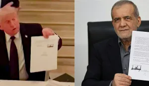 TOPSHOT - (COMBO) This combination of pictures created on June 18, 2026 shows (L)a videograb from footage made available on June 18, 2026, from the X account of French President Emmanuel Macron showing US President Donald Trump during the signing of a deal with Iran to end the Middle East war, inside the Chateau de Versailles, in Versailles southwest of Paris on June 17, 2026 and (R) a screen grab taken from video footage broadcast by Iran's IRINN Iranian state television network and made available via AFPTV on June 18, 2026 shows Iran's President Masoud Pezeshkian holding a document showing a memorandum of understanding he signed to end the Middle East war.. US President Donald Trump and Iran's president signed a deal on June 17 meant to end the Middle East war, with Tehran agreeing to dilute its enriched uranium in return for large-scale economic relief. (Photo by Handout/various sources/AFP)/- Israel OUT/XGTY - RESTRICTED TO EDITORIAL USE - MANDATORY CREDIT ? AFP PHOTO/@EmmanuelMacron ? - NO MARKETING NO ADVERTISING CAMPAIGNS - DISTRIBUTED AS A SERVICE TO CLIENTS - NO ARCHIVEIsrael OUT/NO Access Israel Media/Persian Language TV Stations Outside Iran/Strictly No Access BBC Persian/VOA Persian/Manoto TV/Iran International// Radio Farda --/Attention editors: AFP covers the war in the Middle East through its extensive regional network, including bureaus in Tehran, Jerusalem, and several neighboring countries. Since the start of the conflict, journalists have been working under increasingly restrictive conditions. Authorities in several countries have limited reporters' movements, photo and live video coverage from sensitive locations. Some governments and armed groups have banned images of missile or drone strikes and other security-related sites. RESTRICTED TO EDITORIAL USE - MANDATORY CREDIT "AFP PHOTO/IRINN via AFPTV" - HANDOUT - NO MARKETING NO ADVERTISING CAMPAIGNS - DISTRIBUTED AS A SERVICE TO CLIENTS/