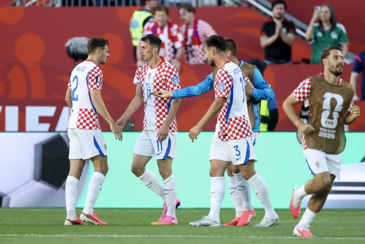 Toronto, 24.06.2026 - Utakmica drugog kola skupine L Svjetskog nogometnog prvenstva, Panama - Hrvatska na BMO Field stadionu u Torontu. Na slici Josip Stani&scaron;ić, Ante Budimir, Marin Pongračić slave zgoditak koji je postigao Ante Budimir.foto HINA/ Daniel KASAP/ ds