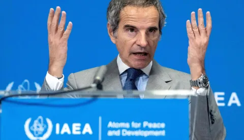 Director General of the International Atomic Energy Agency (IAEA) Rafael Grossi addresses a press conference following a Board of Governors' Meeting at the agency's headquarters in Vienna, Austria on June 8, 2026. (Photo by Joe Klamar/AFP)