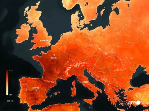 A photo created on June 24, 2026 combining sources from EDO, Nasa, Jaxa, Gebco, OSM shows a map of Europe as a heatwave is scorching the continent, exceeding some scientific projections. The heatwave scorching Europe has exceeded some scientific projections, the head of the UN's climate experts panel said on June 24, 2026, warning that the continent would inevitably face more extremes as the planet warms. (Photo by Sabrina BLANCHARD and Sylvie HUSSON/AFP)