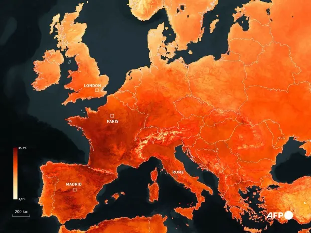 A photo created on June 24, 2026 combining sources from EDO, Nasa, Jaxa, Gebco, OSM shows a map of Europe as a heatwave is scorching the continent, exceeding some scientific projections. The heatwave scorching Europe has exceeded some scientific projections, the head of the UN's climate experts panel said on June 24, 2026, warning that the continent would inevitably face more extremes as the planet warms. (Photo by Sabrina BLANCHARD and Sylvie HUSSON/AFP)