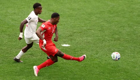 VANCOUVER, BRITISH COLUMBIA - JUNE 24: Breel Embolo #7 of Switzerland shoots at goal during the FIFA World Cup 2026 Group B match between Switzerland and Canada at BC Place Vancouver on June 24, 2026 in Vancouver, British Columbia. Fran Santiago/Getty Images/AFP (Photo by Fran Santiago/GETTY IMAGES NORTH AMERICA/Getty Images via AFP)