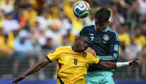 Ecuador's defender #06 Willian Pacho and Germany's forward #07 Kai Havertz fight for the ball during the 2026 World Cup Group E football match between Ecuador and Germany at the New York/New Jersey Stadium in East Rutherford on June 25, 2026. (Photo by MAURO PIMENTEL/AFP)