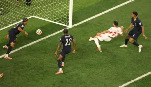 Turkey's defender #22 Kaan Ayhan (2nd R) scores his team's third goal during the 2026 World Cup Group D football match between Turkey and USA at the Los Angeles Stadium in Inglewood on June 25, 2026. (Photo by Etienne LAURENT/AFP)