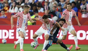 Toronto, 24.06.2026 - Utakmica drugog kola skupine L Svjetskog nogometnog prvenstva, Panama - Hrvatska na BMO Field stadionu u Torontu. Na slici Martin Baturina, Ante Budimir, Andrej Kramarić, Carlos Harvey.foto HINA/ Daniel KASAP/ ds