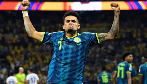 Colombia's forward #07 Luis Diaz celebrates scoring his team's second goal during the 2026 World Cup Group K football match between Uzbekistan and Colombia at the Mexico City Stadium in Mexico City on June 17, 2026. (Photo by Alfredo ESTRELLA/AFP)