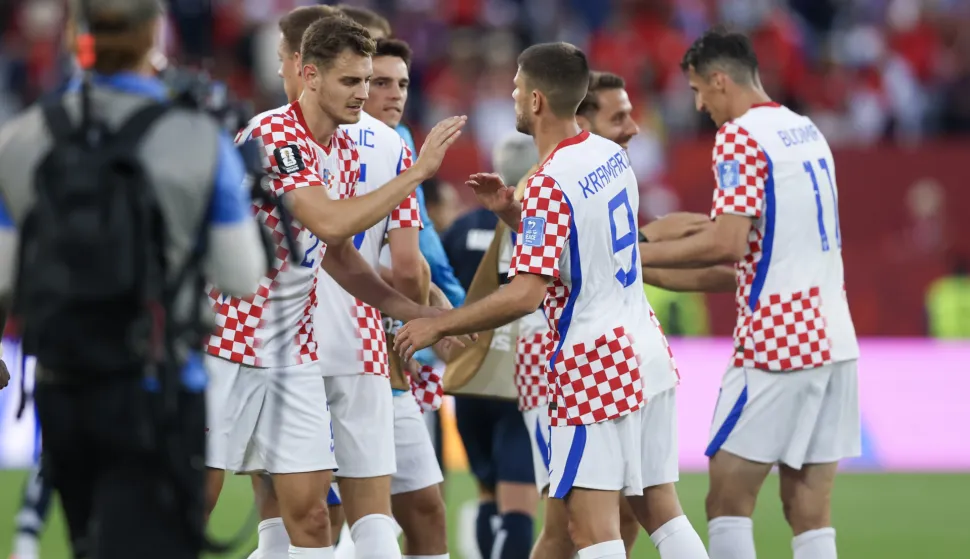 Toronto, 24.06.2026 - Utakmica drugog kola skupine L Svjetskog nogometnog prvenstva, Panama - Hrvatska na BMO Field stadionu u Torontu. Na slici hrvatski igrači Josip Stani&scaron;ić, Andrej Kramarić, Ante Budimir slave pobjedu nad Panamom rezultatom 1-0.foto HINA/ Daniel KASAP/ ds