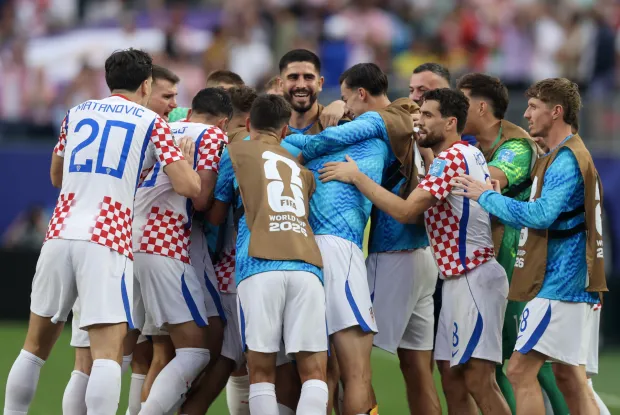 Philadelphia, 28.06.2026 - Utakmica trećeg kola skupine L Svjetskog nogometnog prvenstva Hrvatska - Gana na Lincoln Financial Field stadionu u Philadelphiji. Na slici hrvatski nogometa&scaron;i slave zgoditak koji je postigao Nikola Vla&scaron;ić.foto HINA/ Daniel KASAP/ ds
