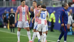 Philadelphia, 28.06.2026 - Utakmica trećeg kola skupine L Svjetskog nogometnog prvenstva Hrvatska - Gana na Lincoln Financial Field stadionu u Philadelphiji. Na slici Nikola Vla&scaron;ić, Luka Modrić, Mario Pa&scaron;alić, Igor Matanović slave zgodita koji je postigao Nikola Vla&scaron;ić.foto HINA/ Daniel KASAP/ ds