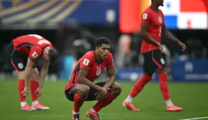 England's midfielder #10 Jude Bellingham reacts at the halftime of the 2026 World Cup Group L football match between Panama and England at the New York/New Jersey Stadium in East Rutherford on June 27, 2026. (Photo by MAURO PIMENTEL/AFP)