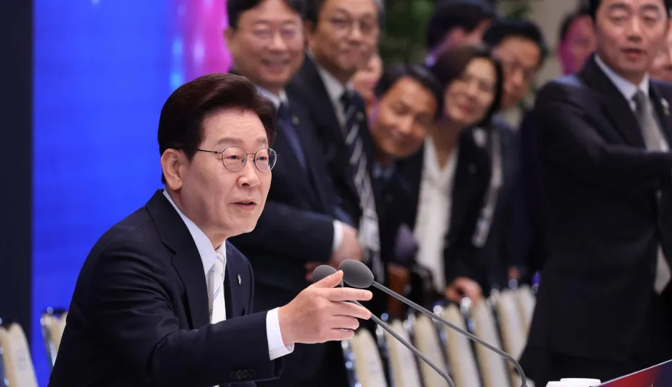 South Korean President Lee Jae Myung attends a press conference to mark the first anniversary of his inauguration at the Blue House in Seoul on June 8, 2026. (Photo by Chung Sung-Jun/POOL/AFP)