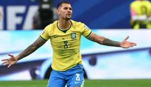 Brazil's midfielder #08 Bruno Guimaraes reacts during the 2026 World Cup round of 32 football match between Brazil and Japan at the Houston Stadium in Houston on June 29, 2026. (Photo by RONALDO SCHEMIDT/AFP)