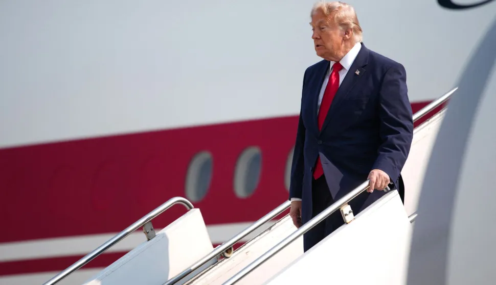 BISMARCK, NORTH DAKOTA - JULY 01: U.S. President Donald Trump departs Air Force One as he arrives at Bismarck Municipal Airport on July 01, 2026 in Bismarck, North Dakota. While in North Dakota, President Trump will ride a Freedom250-themed NextGen Acela train celebrating the nation's 250th anniversary before delivering remarks at a dedication ceremony for the Theodore Roosevelt Presidential Library. Andrew Harnik/Getty Images/AFP (Photo by Andrew Harnik/GETTY IMAGES NORTH AMERICA/Getty Images via AFP)