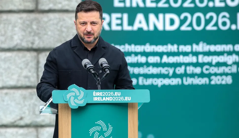 Ukraine's President Volodymyr Zelensky speaks during a formal ceremony to mark the launch of Ireland?s eighth EU presidency, at Dublin Castle in Dublin on July 1, 2026. Ireland takes on the rotating EU presidency for a six-month period from July 1. (Photo by Paul Faith/AFP)