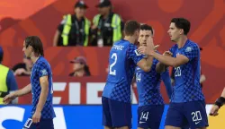 Torongo, 03.07.2026 - Utakmica 1/16 finala Svjetskog nogometnog prvenstva Portugal - Hrvatska u Torontu. Na slici hrvatski nogometa&scaron;i Luka Modrić, Josip Stani&scaron;ić, Ivan Peri&scaron;ić, Igor Matanović slave zgoditak koji je postigao Ivan Peri&scaron;ić.foto HINA/ Daniel KASAP/ ds