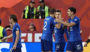 Torongo, 03.07.2026 - Utakmica 1/16 finala Svjetskog nogometnog prvenstva Portugal - Hrvatska u Torontu. Na slici hrvatski nogometa&scaron;i Luka Modrić, Josip Stani&scaron;ić, Ivan Peri&scaron;ić, Igor Matanović slave zgoditak koji je postigao Ivan Peri&scaron;ić.foto HINA/ Daniel KASAP/ ds