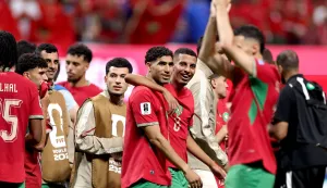 ATLANTA, GEORGIA - JUNE 24: Achraf Hakimi #2 and Azzedine Ounahi #8 of Morocco applaud fans after the team's 4-2 victory in the FIFA World Cup 2026 Group C match between Morocco and Haiti at Atlanta Stadium on June 24, 2026 in Atlanta, Georgia. Kevin C. Cox/Getty Images/AFP (Photo by Kevin C. Cox/GETTY IMAGES NORTH AMERICA/Getty Images via AFP)