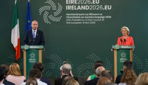European Commission President Ursula von der Leyen (R) and Ireland's Prime Minister Micheal Martin (L) take part in a joint press conference during meetings at University College Cork (UCC) in Cork, Ireland on July 3, 2026, as Ireland take on the rotating EU presidency for a six-month period. (Photo by Paul Faith/AFP)