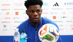 France's midfielder #08 Aurelien Tchouameni gives a press conference on the eve of France's 2026 World Cup football tournament Group I football match against Norway at Bentley University in Boston on June 25, 2026. (Photo by FRANCK FIFE/AFP)