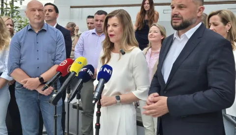 Tuheljske Toplice, 05.07.2026. - Konferencija za medije SDP-a održana je u Hotelu Well Terme Tuhelj u Tuheljskim Toplicama u sklopu trodnevnih programskih radionica Predsjedni&scaron;tva i savjeta SDP-a. Na fotografiji Gordan Gledec, Biljana Borzan, Sini&scaron;a Hajda&scaron; Dončić.foto HINA/ Sini&scaron;a KALAJDŽIJA/ ml