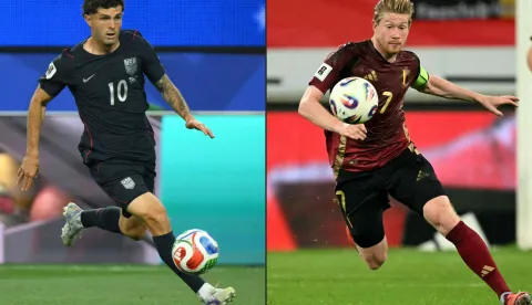 This combination of pictures created on July 03, 2026 shows US forward #10 Christian Pulisic controling the ball at the Los Angeles Stadium in Inglewood on June 25, 2026, and Belgium's midfielder #07 Kevin De Bruyne controling the ball at the Planet Group Arena in Ghent, on October 10, 2025. USA and Belgium will meet in a 2026 World Cup round of 16 football match at the Seattle Stadium in Seattle on July 6, 2026. (Photo by Patrick T. FALLON and NICOLAS TUCAT/AFP)