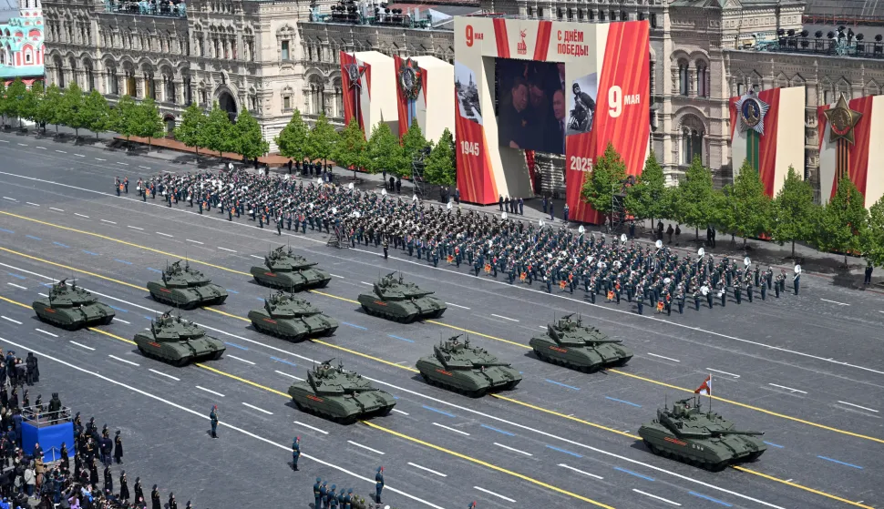 Russia's main battle tanks T-90M Proryv drive in Red Square during a military parade on Victory Day, marking the 80th anniversary of the victory over Nazi Germany in World War Two, in central Moscow, Russia, May 9, 2025. Maxim Bogodvid/Host agency RIA Novosti