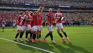 TOPSHOT - Norway's forward #09 Erling Braut Haaland celebrates scoring his team's second goal during the 2026 World Cup round of 16 football match between Brazil and Norway at the New York/New Jersey Stadium in East Rutherford on July 5, 2026. (Photo by Jewel SAMAD/AFP)