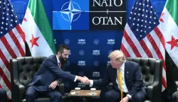 US President Donald Trump meets Syrian President Ahmed al-Sharaa (L) on the sidelines of the NATO Summit at Bestepe Presidential Compound in Ankara, on July 8, 2026. The summit comes at a fraught time for the 77-year-old transatlantic alliance, with the US President demanding members make good on a pledge to ramp up defence spending as Washington takes a step back from Europe. (Photo by SAUL LOEB/AFP)