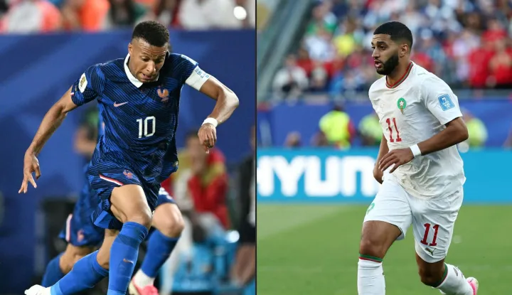 This combination of pictures created on July 07, 2026 shows France's forward #10 Kylian Mbappe running with the ball at the Philadelphia Stadium in Philadelphia on June 22, 2026, and Morocco's midfielder #11 Ismael Saibari controlling the ball at the Boston Stadium in Foxborough on June 19, 2026. France and Morocco will meet in a 2026 World Cup quarter-final football match at Boston Stadium in Foxborough on July 9, 2026. (Photo by ROBERTO SCHMIDT and FRANCK FIFE/AFP)