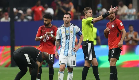 Argentina's forward #10 Lionel Messi reacts during the 2026 World Cup round of 16 football match between Argentina and Egypt at Atlanta Stadium in Atlanta on July 7, 2026. (Photo by Odd ANDERSEN/AFP)