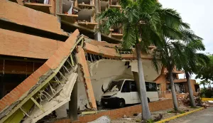 View of the destroyed Marriot Hotel in Playa Grande, Catia La Mar, La Guaira state, Venezuela on July 9, 2026, following the June 24 twin earthquakes. The United Nations launched an urgent appeal on July 8, 2026 for nearly 0 million towards Venezuela earthquake relief operations as the death toll from the disaster rose to more than 3,800 people. (Photo by MARTIN BERNETTI/AFP)