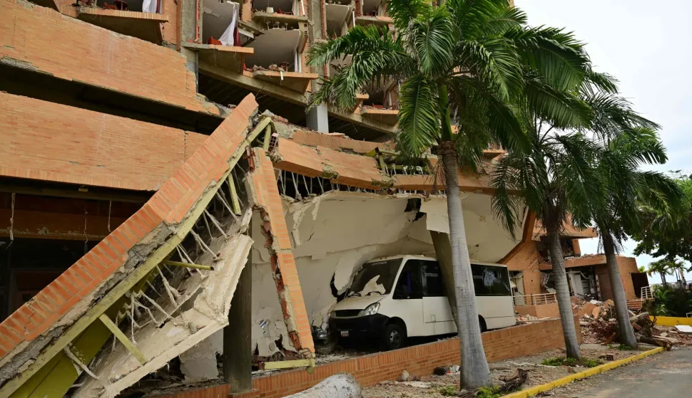 View of the destroyed Marriot Hotel in Playa Grande, Catia La Mar, La Guaira state, Venezuela on July 9, 2026, following the June 24 twin earthquakes. The United Nations launched an urgent appeal on July 8, 2026 for nearly $300 million towards Venezuela earthquake relief operations as the death toll from the disaster rose to more than 3,800 people. (Photo by MARTIN BERNETTI/AFP)