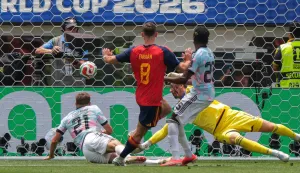 Spain's midfielder #08 Fabian Ruiz scores his team's first goal during the 2026 World Cup football tournament quarter-final match between Spain and Belgium at the Los Angeles Stadium in Inglewood on July 10, 2026. (Photo by Etienne LAURENT/AFP)