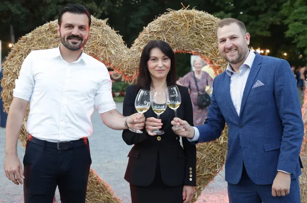 Osijek, 10. 07. 2026., Perivoj kralja Tomislava, wine & art, večer vina i umjetnosti, vino, umjetnost, glazba, Dragan Vulin; Nata&scaron;a Trami&scaron;ak; Mislav Mati&scaron;ićSNIMIO BRUNO JOBST