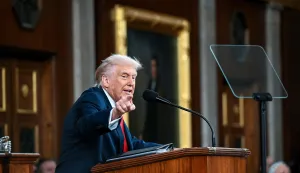 US President Donald Trump delivers the first State of the Union address of his second term to a joint session of Congress in the House Chamber of the United States Capitol in Washington, DC, on February 24, 2026. (Photo by Kenny HOLSTON/POOL/AFP)