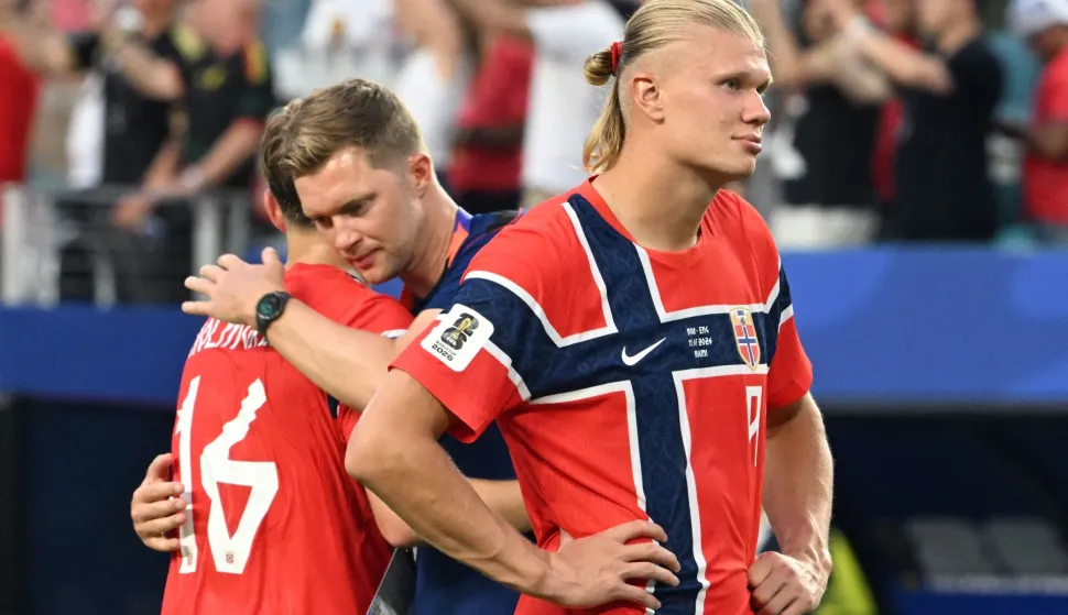 Norway's forward #09 Erling Braut Haaland reacts at the end of the 2026 World Cup football tournament quarter-final match between Norway and England at Miami Stadium in Miami on July 11, 2026. (Photo by ROBERTO SCHMIDT/AFP)