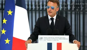 EDITORS NOTE: Graphic content/France's President Emmanuel Macron delivers a speech during a tribute ceremony to Captain Alfred Dreyfus on the first national day dedicated to the recognition of his innocence by the Court of Cassation in 1906, and the fight against the resurgence of antisemitism, 120 years later on the Ile de la Cite near the Cour de Cassation in Paris, on July 12, 2026. "The Dreyfus Affair" - the captain was accused of high treason and espionage on behalf of Germany - tore French public opinion apart for more than a decade against a backdrop of antisemitism and political-military conspiracy. (Photo by Thomas SAMSON/POOL/AFP)