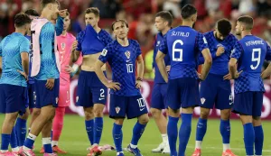 Torongo, 03.07.2026 - Utakmica 1/16 finala Svjetskog nogometnog prvenstva Portugal - Hrvatska u Torontu. Na slici hrvatski igrači Luka Modrić, Josip Stani&scaron;ić, Josip &Scaron;utalo, Jo&scaron;ko Gvardiol, Andrej Kramarić na kraju utakmice.foto HINA/ Daniel KASAP/ ds