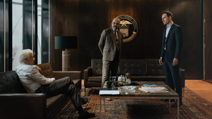L-R Richard Gere as Bosko, Jeffrey Wright as Henry and Michael Fassbender as Martian in The Agency, episode 6, season 2, streaming on Paramount+ 2026. Photo Credit:Sophie Mutevelian/Paramount+
