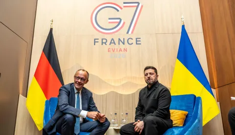 Germany?s Chancellor Friedrich Merz attends a bilateral meeting with Ukraine's President Volodymyr Zelensky during the G7 summit, in Evian, eastern France, on June 16, 2026. A G7 summit is set to take place June 15 to 17 in the French town of Evian-les-Bains near Switzerland and it will be attended by country leaders as well as the EU's foreign policy chief and ministers from Brazil, Canada, the United Arab Emirates and Turkey. (Photo by Michael Kappeler/POOL/AFP)