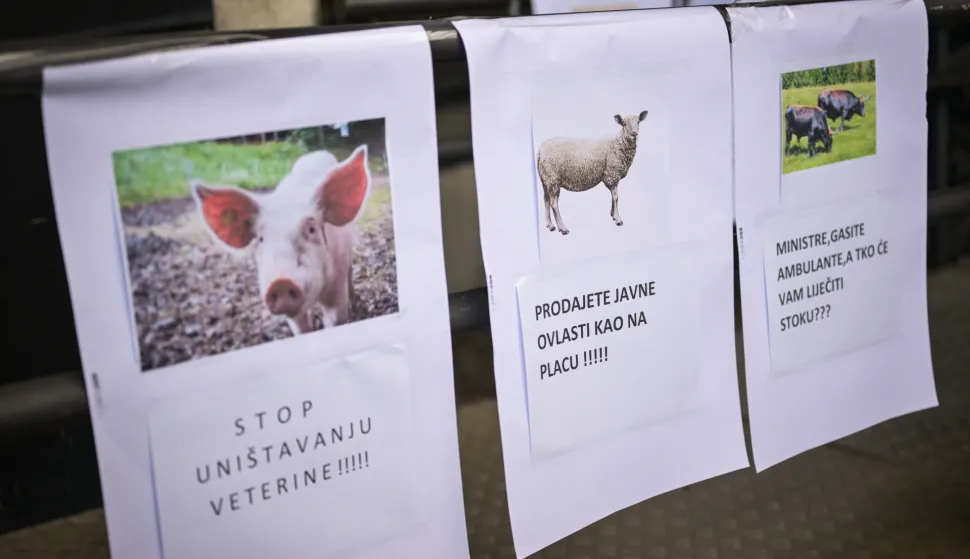 01.07.2026., Zagreb - U organizaciji Gradanske inicijative za spas hrvatskog stocarstva i Udruge veterinarskih organizacija Hrvatske odrzan je prosvjed i konferencija za novinare ispred Ministarstva poljoprivrede zbog toga sto je oko 50 gradova i opcina ostalo bez veterinara. Organizatori su istaknuli da je rijec o veterinarima koji su cijepili protiv bjesnoce, bolesti koja se ovih dana vratila u Europu, te koji su jamcili sigurnost mesa i mlijeka na stolovima gradana. Photo: Neva Zganec/PIXSELL