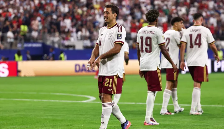Spain's forward #21 Mikel Oyarzabal celebrates scoring his team's first goal during the 2026 World Cup football tournament semi-final match between France and Spain at the Dallas Stadium in Arlington on July 14, 2026. (Photo by FRANCK FIFE/AFP)