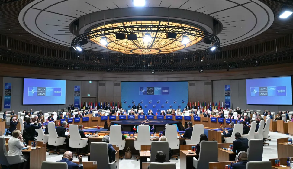 This photograph shows a general view with sitting NATO leaders during the NATO Summit at Bestepe Presidential Compound in Ankara, Turkey, on July 8, 2026. The summit comes at a fraught time for the 77-year-old transatlantic alliance, with the US President demanding members make good on a pledge to ramp up defence spending as Washington takes a step back from Europe. (Photo by SAUL LOEB/AFP)