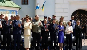 Ukraine's First Lady Olena Zelenska, Prime Minister Yulia Svyrydenko, Parliament Speaker Ruslan Stefanchuk, European Commission President Ursula von der Leyen, Moldova's President Maia Sandu, Romania's President Nicusor Dan, Croatian Prime Minister Andrej Plenkovic, Slovenian Prime Minister Janez Jansa, Albania's President Bajram Begaj attend a ceremony to mark the Day of Ukrainian Statehood in front of St. Michael's Cathedral, amid Russia's attack on Ukraine, in Kyiv, Ukraine July 15, 2026. REUTERS/Valentyn Ogirenko Photo: VALENTYN OGIRENKO/REUTERS