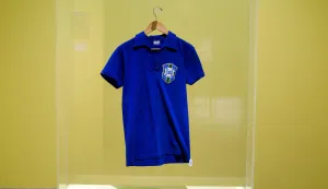 The jersey worn by Brazilian football legend Pele during the 1958 FIFA World Cup final match against Sweden is exhibited during a press preview at the Sotheby's Breuer building in New York, on July 1, 2026. The shirt will be put to auction as part of the "Summer Season at the Breuer" from late June through mid-August 2026. (Photo by TIMOTHY A. CLARY/AFP)