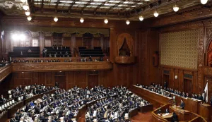 epa07326984 Japan's Prime Minister Shinzo Abe (R) delivers a policy speech at the opening of an ordinary parliamentary session at the Diet in Tokyo, Japan, 28 January 2019. Abe delivered a speech outlining his vision of Japan's economy and diplomacy. EPA/FRANCK ROBICHON