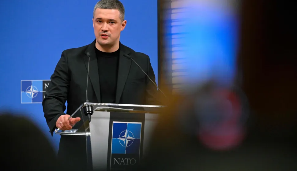 (FILES) Ukraine's Defence Minister Mykhailo Fedorov speaks during a press conference after a meeting of the Ukraine Defence Contact Group during a NATO Defence Ministers meeting at the NATO headquarters, in Brussels, on June 18, 2026. Ukrainian Defence Minister Mykhailo Fedorov said on July 15, 2026 he was resigning as part of President Volodymyr Zelensky's cabinet reshuffle. (Photo by JOHN THYS/AFP)